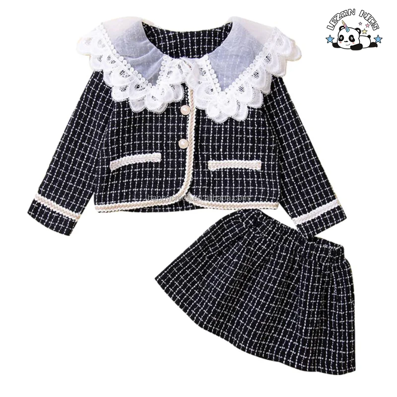 Customizable High Street Long Sleeve Pearl Plaid Coat Skirt Two Pieces Girls Clothing Set for Autumn