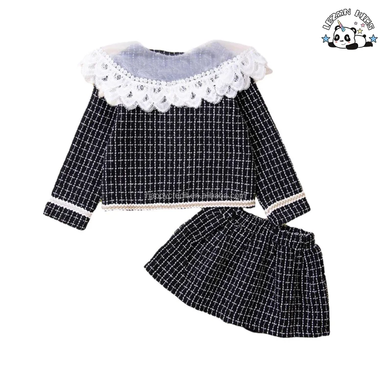 Customizable High Street Long Sleeve Pearl Plaid Coat Skirt Two Pieces Girls Clothing Set for Autumn - Product Image