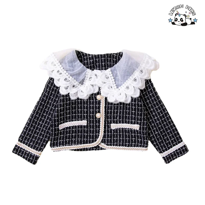Customizable High Street Long Sleeve Pearl Plaid Coat Skirt Two Pieces Girls Clothing Set for Autumn - Product Image