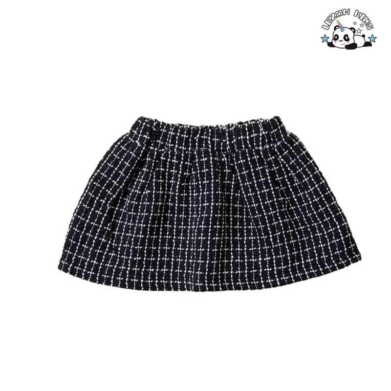 Customizable High Street Long Sleeve Pearl Plaid Coat Skirt Two Pieces Girls Clothing Set for Autumn - Product Image
