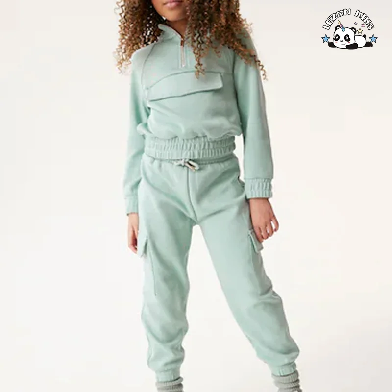 Customizable High Street Washable Tracksuit Zipper up Hoodie Long Pant Set Boys Girls Clothing Set