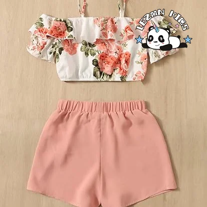 Conjunto de 2 Peças Personalizáveis de Alta Rotatividade Floral com Ombro Descoberto e Manga Curta com Babado para Meninas