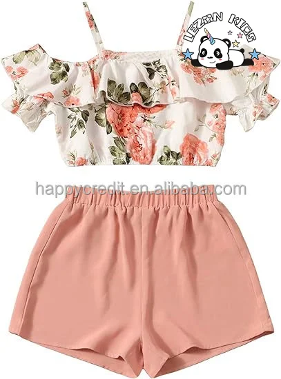 Customizable Hot Sale 2 Piece Outfits Floral Cold Shoulder Ruffle Short Sleeve Crop Top and Shorts Set for Girls - Product Image
