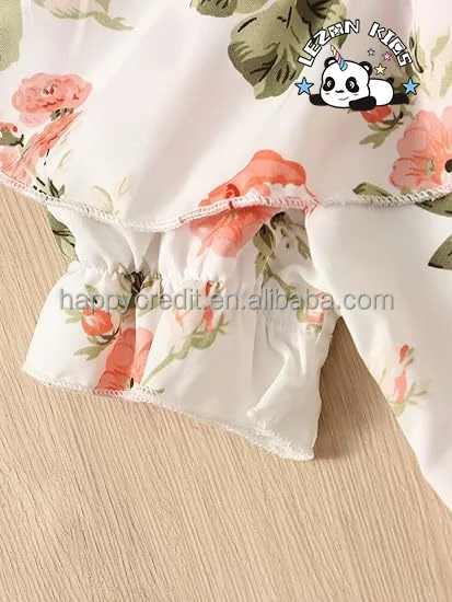 Customizable Hot Sale 2 Piece Outfits Floral Cold Shoulder Ruffle Short Sleeve Crop Top and Shorts Set for Girls - Product Image