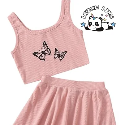 Conjunto de Top sem Mangas e Saia Personalizável com Estampa de Borboleta para Meninas - 2 Peças