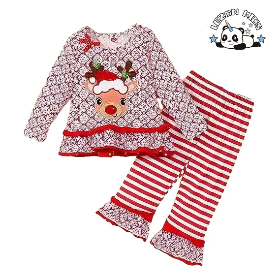 Customizable Hot Sale Christmas Deer Outfit Long Sleeve Ruffle Top Fall Clothes Striped Flare Pants Set for Girls