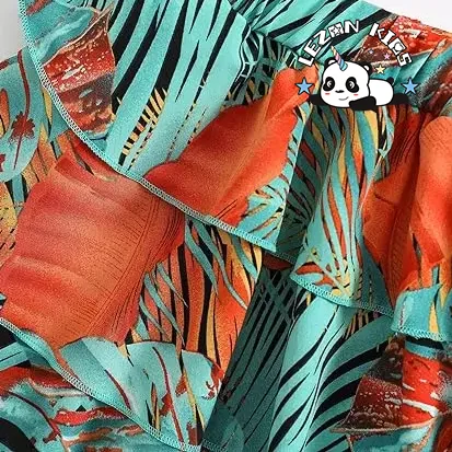 Conjunto de 2 Peças Personalizável de Verão para Meninas com Top Halter e Saia Layered com Impressão Tropical - Product Image