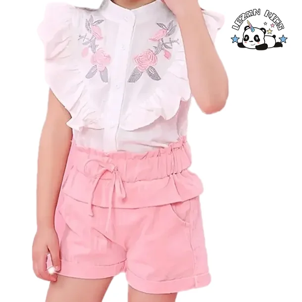 Conjunto de Roupas Personalizáveis de Moda para Meninas Pequenas com Camisa e Shorts de Bordado Floral Ruffle