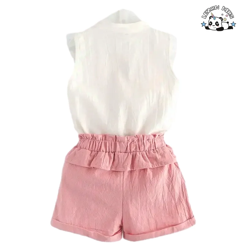 Conjunto de Roupas Personalizáveis de Moda para Meninas Pequenas com Camisa e Shorts de Bordado Floral Ruffle - Product Image