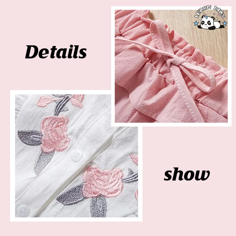 Conjunto de Roupas Personalizáveis de Moda para Meninas Pequenas com Camisa e Shorts de Bordado Floral Ruffle - Product Image
