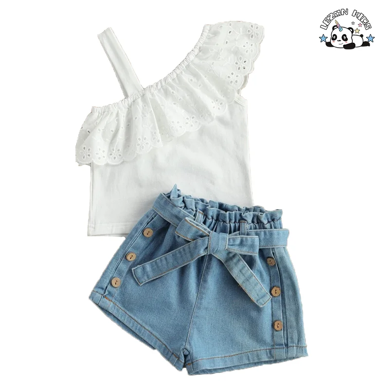 Customizable Latest Design Sleeveless Top Rainbow Printed Denim Short Set Girls Clothing Sets