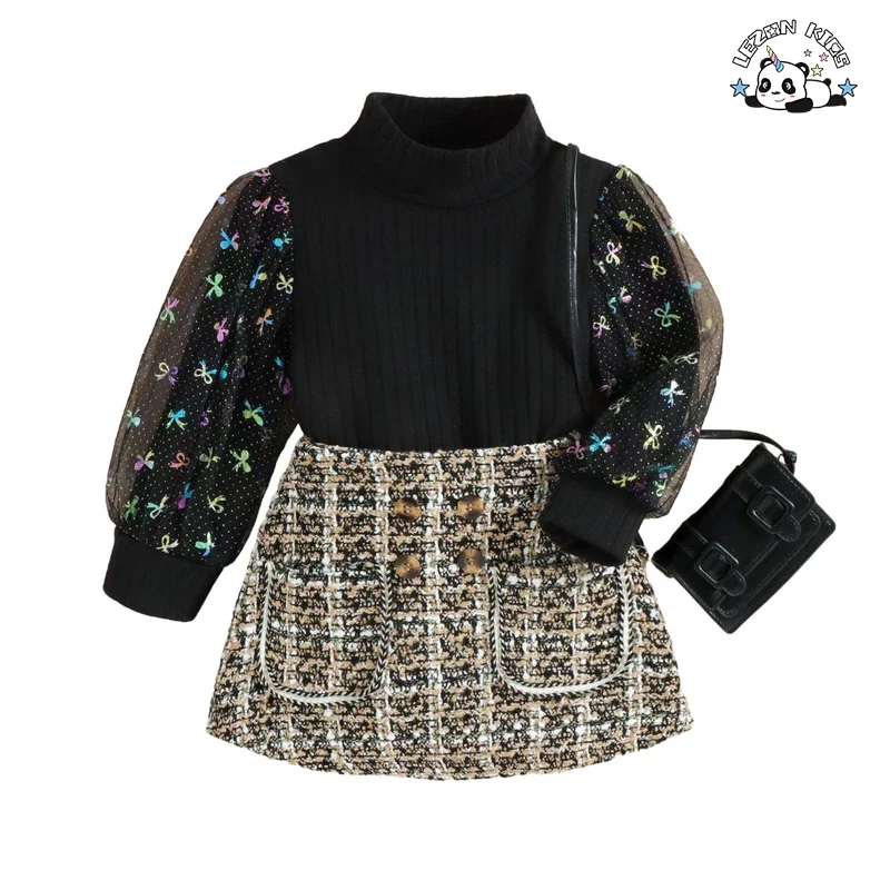Conjunto de Roupas Femininas Infantis de 2 Peças Personalizáveis com Manga Longa em Malha e Lã Tweed com Laço de Folha para Outono