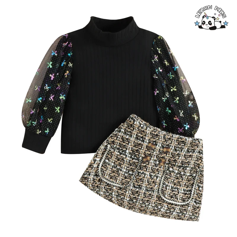 Conjunto de Roupas Femininas Infantis de 2 Peças Personalizáveis com Manga Longa em Malha e Lã Tweed com Laço de Folha para Outono - Product Image