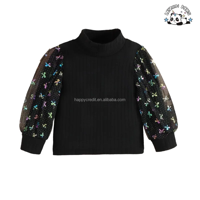 Conjunto de Roupas Femininas Infantis de 2 Peças Personalizáveis com Manga Longa em Malha e Lã Tweed com Laço de Folha para Outono - Product Image