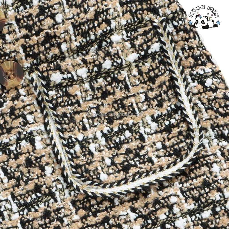 Conjunto de Roupas Femininas Infantis de 2 Peças Personalizáveis com Manga Longa em Malha e Lã Tweed com Laço de Folha para Outono - Product Image