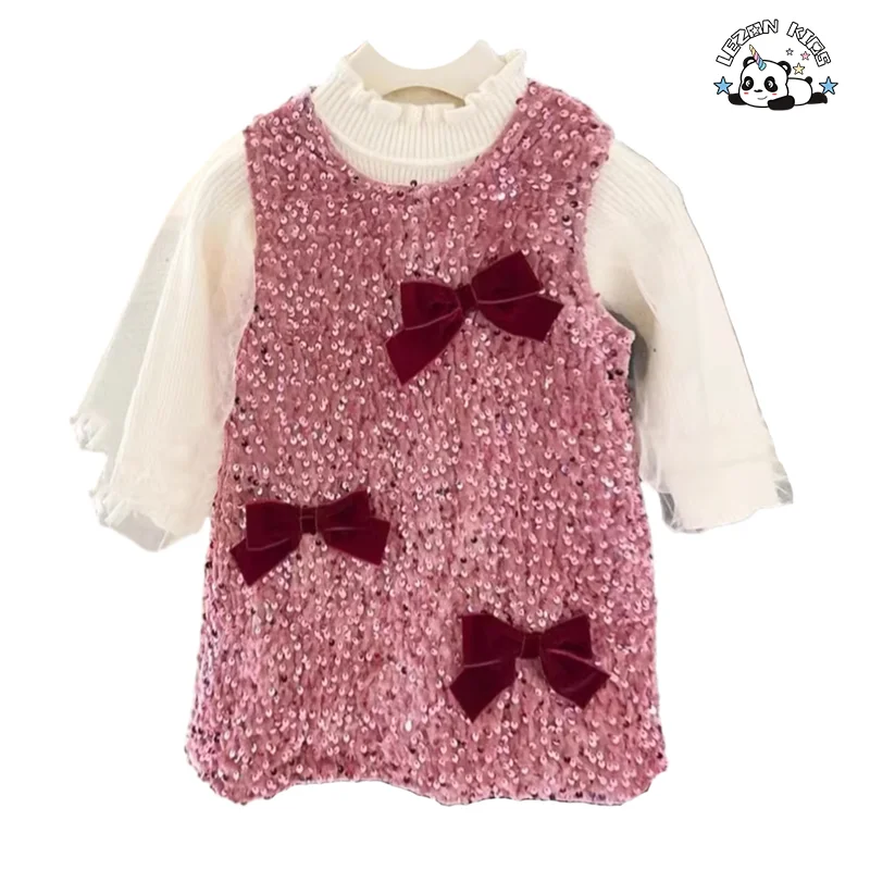 Customizable New Arrival Girl Clothing Set Long Sleeve Sweater Pink Velvet Sequin Dress Set