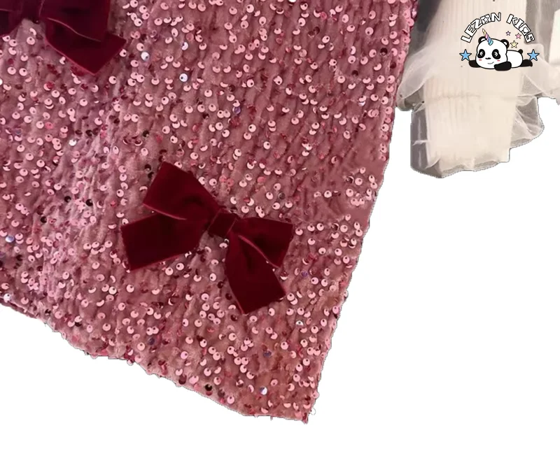 Customizable New Arrival Girl Clothing Set Long Sleeve Sweater Pink Velvet Sequin Dress Set - Product Image