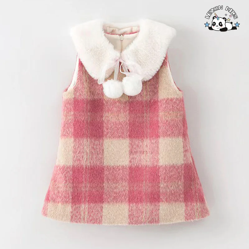 Customizable New Fashion Girls Winter Dress Set Pink Plaid 2PCS Baby Girl Clothing Sets Dress for Kids