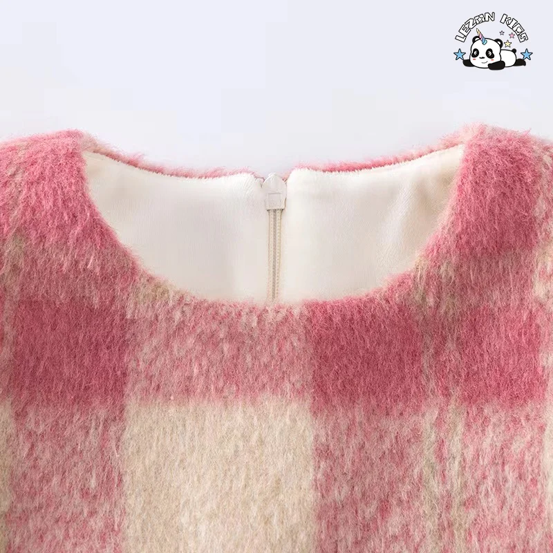 Customizable New Fashion Girls Winter Dress Set Pink Plaid 2PCS Baby Girl Clothing Sets Dress for Kids - Product Image