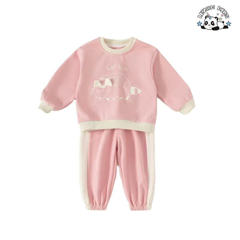 Customizable New Fashion Spring Cute Boutique Little Cat Print Little Girls Clothing Sets for 2 to 14 Years Old