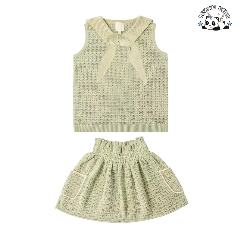 Conjuntos de roupas personalizáveis para meninas, moda nova, saia sem mangas, laço pequeno, casual, para verão