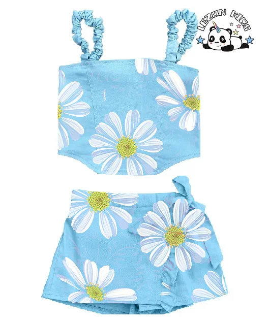 Conjunto de Roupas Personalizáveis para Meninas com Estampa de Flores Doces Explosivas em Azul 2 Peças