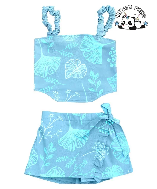 Customizable New Product Explosion Sweet Flowers Printing Blue 2pcs Outfit Girls Boutique Clothing Sets - Product Image