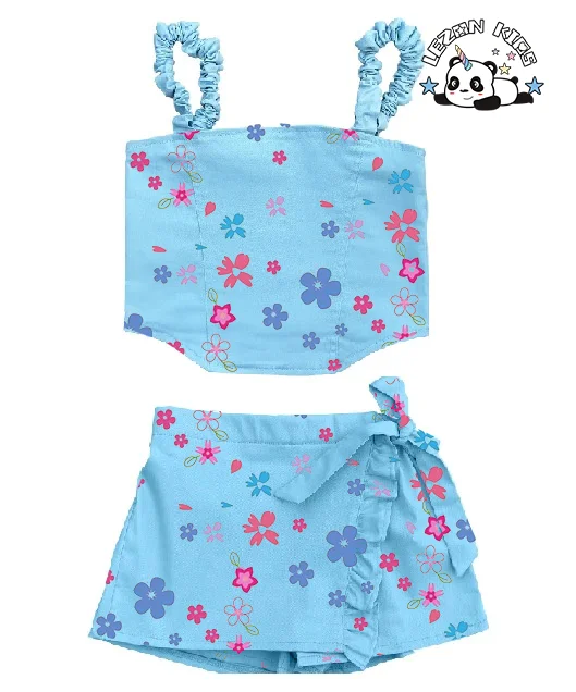 Customizable New Product Explosion Sweet Flowers Printing Blue 2pcs Outfit Girls Boutique Clothing Sets - Product Image