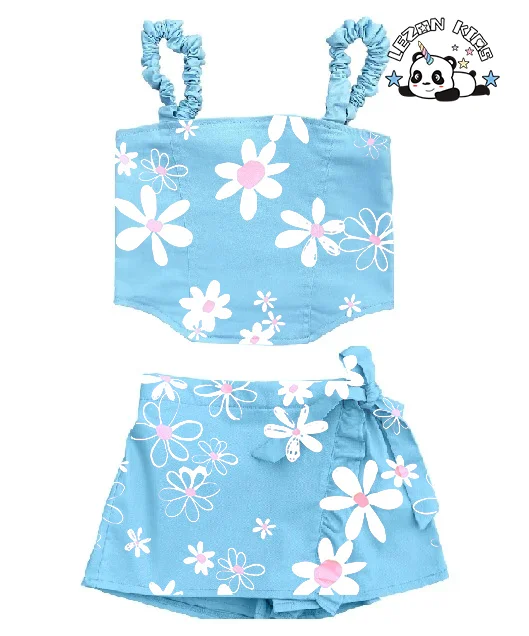 Customizable New Product Explosion Sweet Flowers Printing Blue 2pcs Outfit Girls Boutique Clothing Sets - Product Image