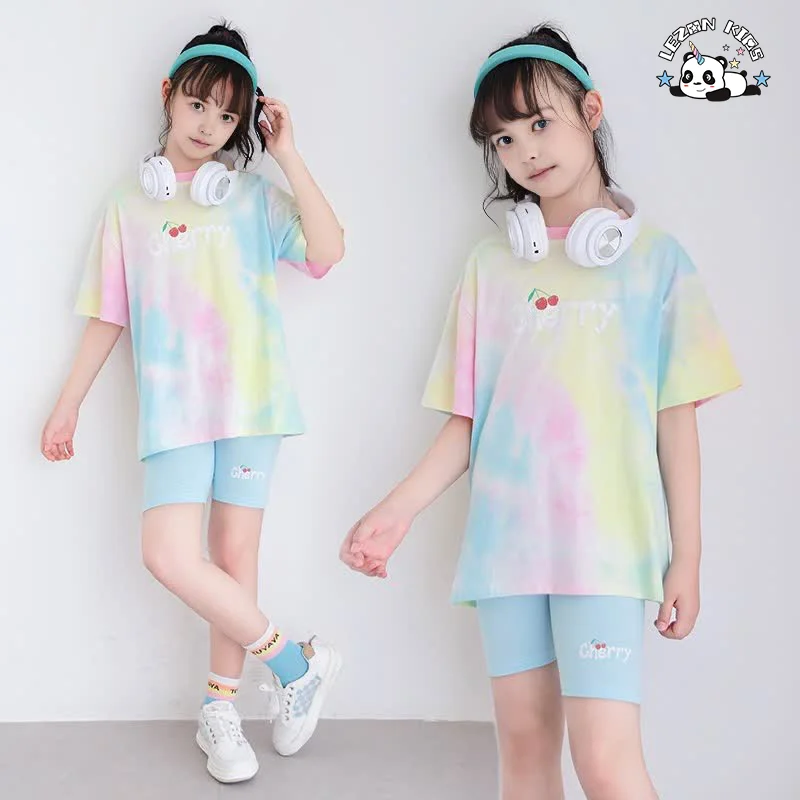 Customizable New Short Sleeve Tie Dyed Biker Sport Suit 2 Piece Kids Clothing Set for Summer - Product Image