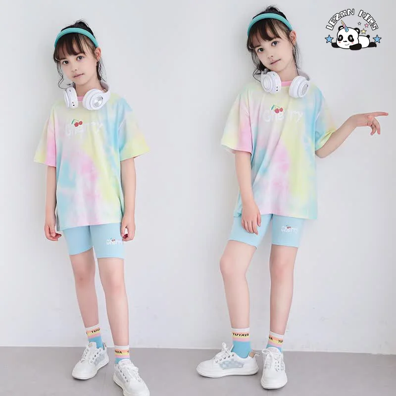 Customizable New Short Sleeve Tie Dyed Biker Sport Suit 2 Piece Kids Clothing Set for Summer - Product Image