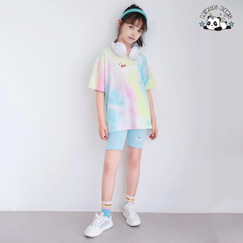 Customizable New Short Sleeve Tie Dyed Biker Sport Suit 2 Piece Kids Clothing Set for Summer - Product Image