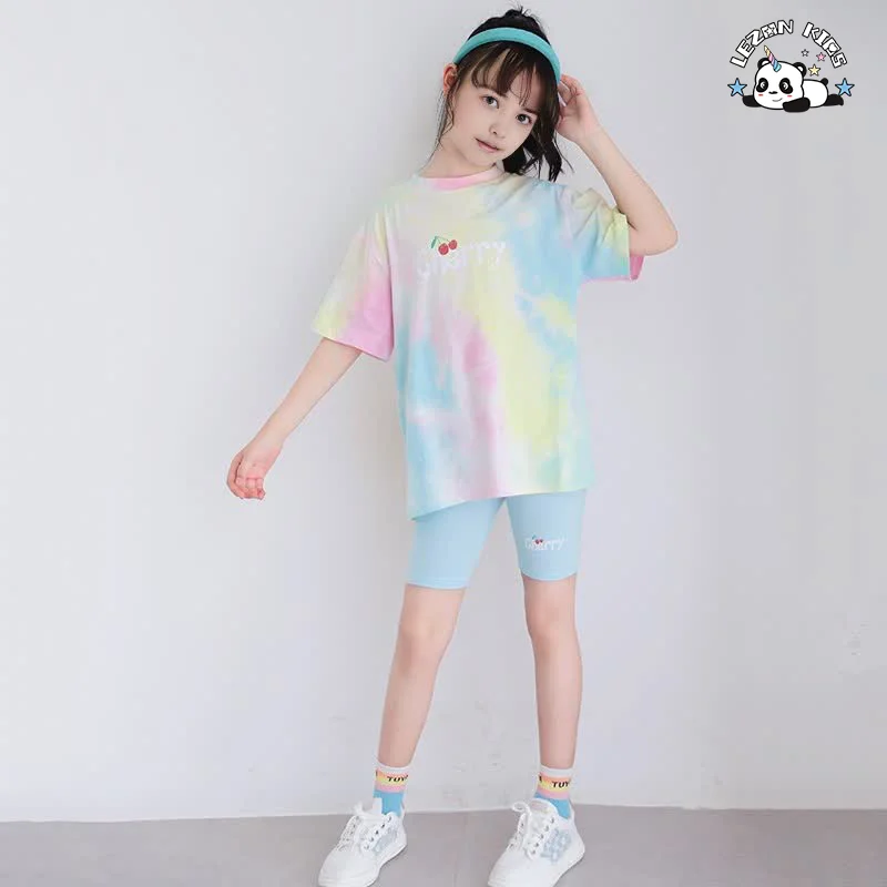 Customizable New Short Sleeve Tie Dyed Biker Sport Suit 2 Piece Kids Clothing Set for Summer - Product Image