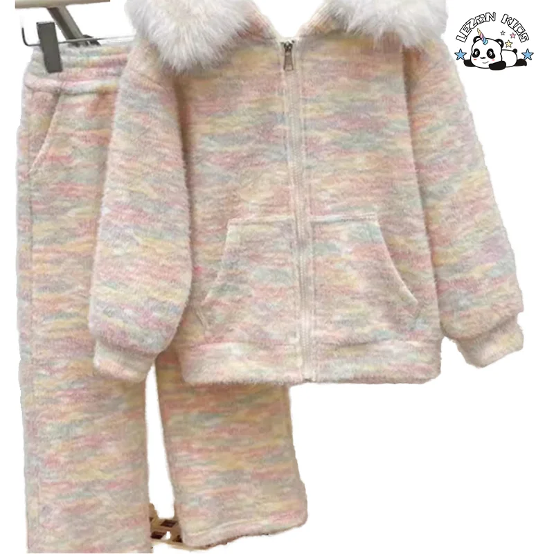Conjunto de Roupas Personalizáveis para Crianças de Outono e Inverno com Jaquetas de Veludo e Calças para Meninas