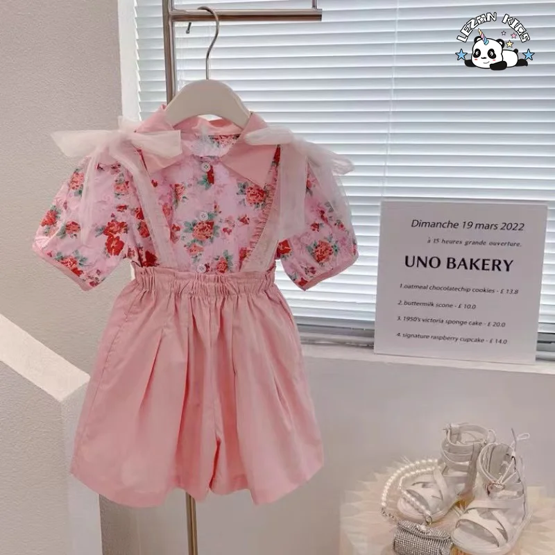 Customizable New Summer Floral Short Sleeve Cotton Children Little Girls Clothing Sets for Kids - Product Image