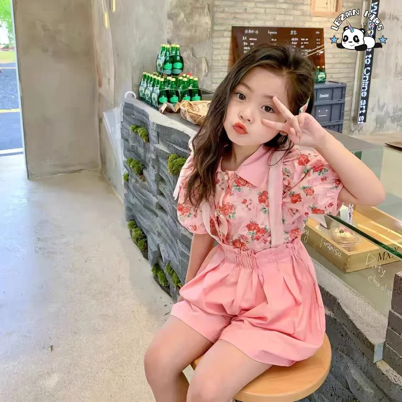 Customizable New Summer Floral Short Sleeve Cotton Children Little Girls Clothing Sets for Kids - Product Image