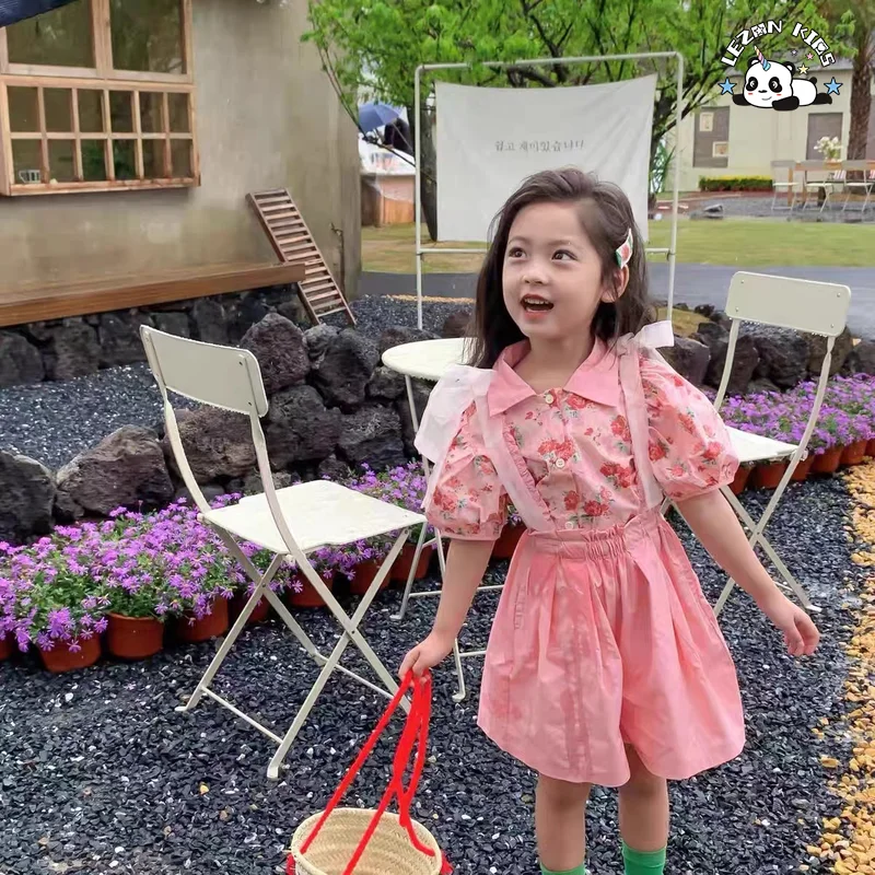 Customizable New Summer Floral Short Sleeve Cotton Children Little Girls Clothing Sets for Kids - Product Image