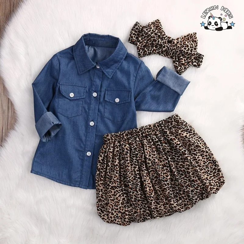 Conjuntos de Roupas Personalizáveis para Meninas de Verão Novos Tops de Jeans + Saia Culotte de Leopardo para Crianças