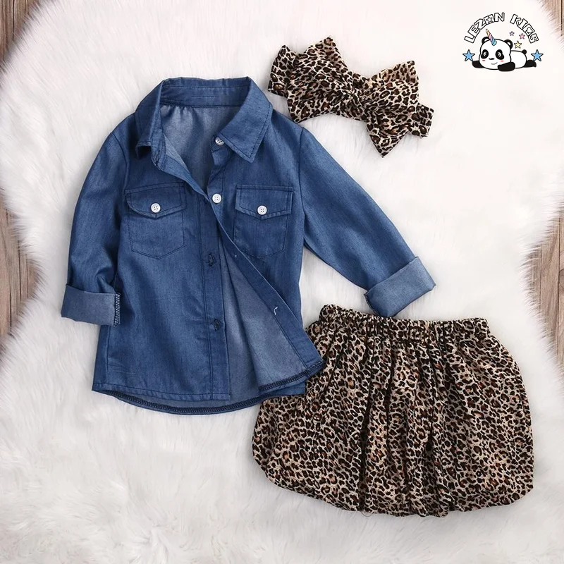 Conjuntos de Roupas Personalizáveis para Meninas de Verão Novos Tops de Jeans + Saia Culotte de Leopardo para Crianças - Product Image