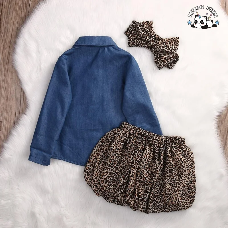 Conjuntos de Roupas Personalizáveis para Meninas de Verão Novos Tops de Jeans + Saia Culotte de Leopardo para Crianças - Product Image