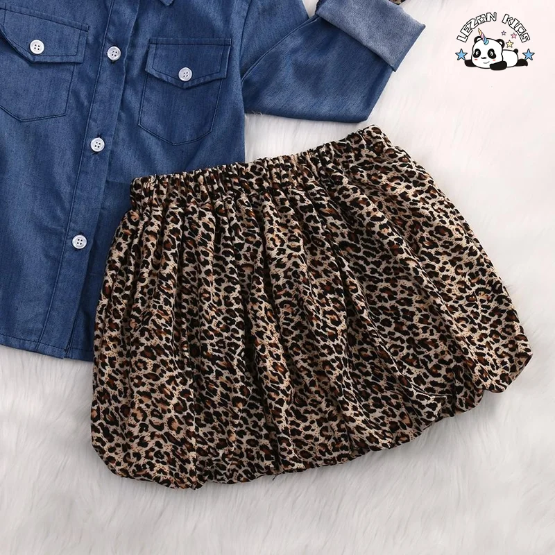 Conjuntos de Roupas Personalizáveis para Meninas de Verão Novos Tops de Jeans + Saia Culotte de Leopardo para Crianças - Product Image