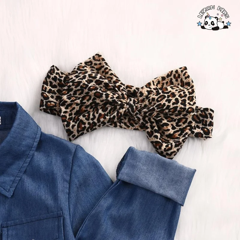 Conjuntos de Roupas Personalizáveis para Meninas de Verão Novos Tops de Jeans + Saia Culotte de Leopardo para Crianças - Product Image