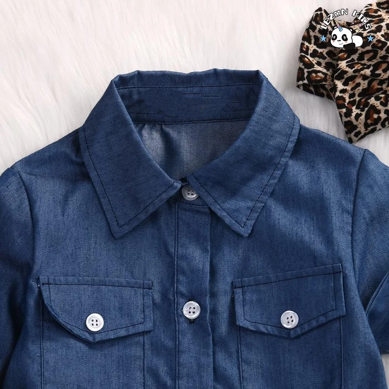 Conjuntos de Roupas Personalizáveis para Meninas de Verão Novos Tops de Jeans + Saia Culotte de Leopardo para Crianças - Product Image