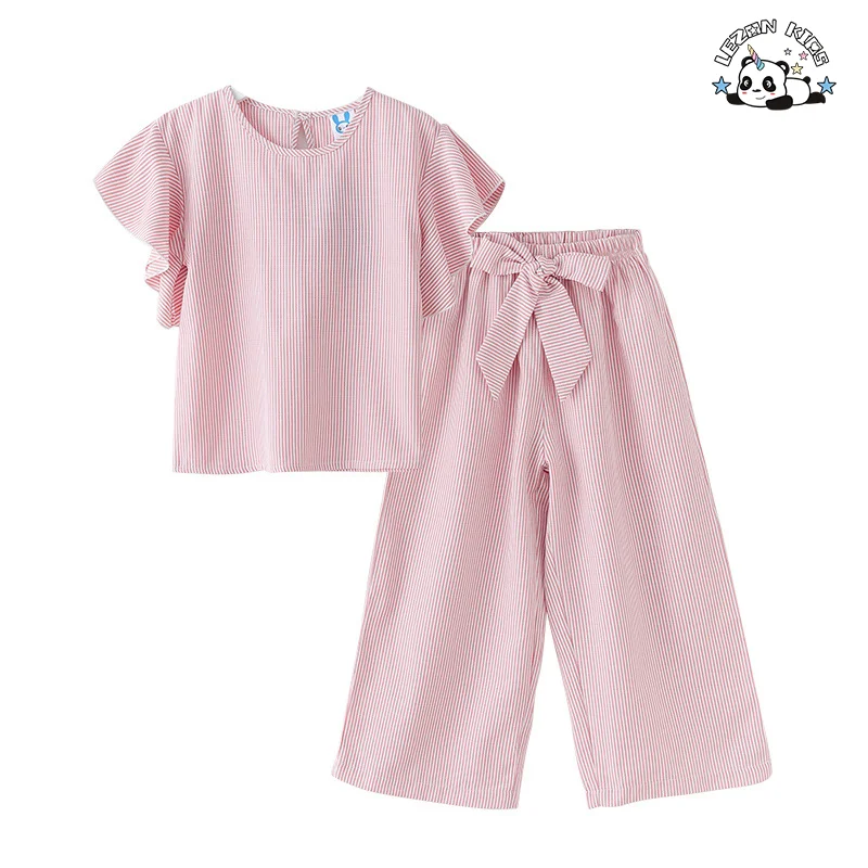 Customizable OEM Leisure Casual Girls Outfit Ruffle T Shirt Wide Leg Pant Girls Clothing Sets