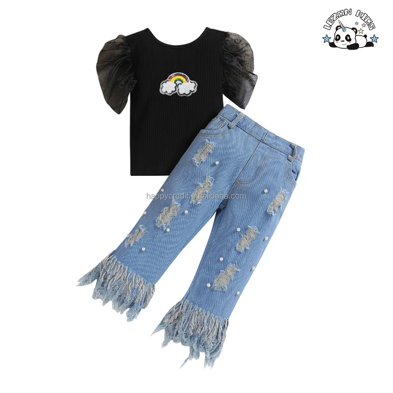 Conjunto de Camisa com Babado Personalizável e Calça Longa 2 Peças para Meninas Pequenas Roupas de Verão