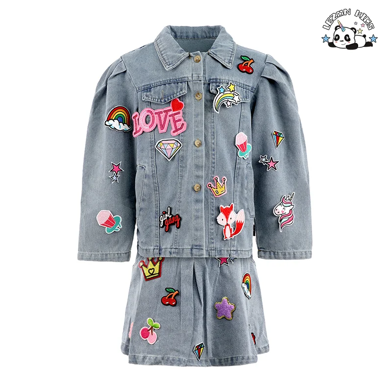 Customizable Spring Autumn Denim Breathable Sets Jacket Skirts Girls Clothing Sets for 2-14T