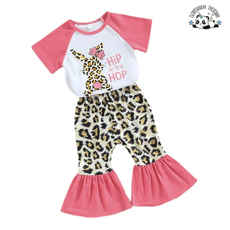 Conjunto de T-shirt de manga curta impressa com coelho de desenho animado e calças largas para meninas, estilo novo da primavera, roupa de Páscoa para meninas
