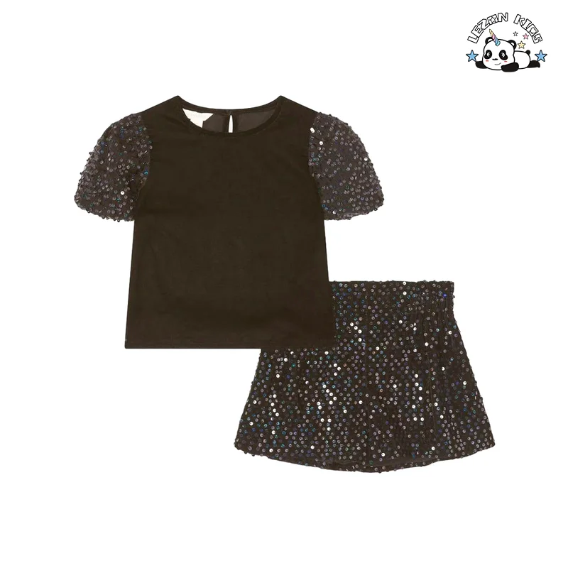Customizable Summer 2 Piece Outfits Short Sleeve T Shirt Sequin Skirt Sets Cute Girls Clothing Set