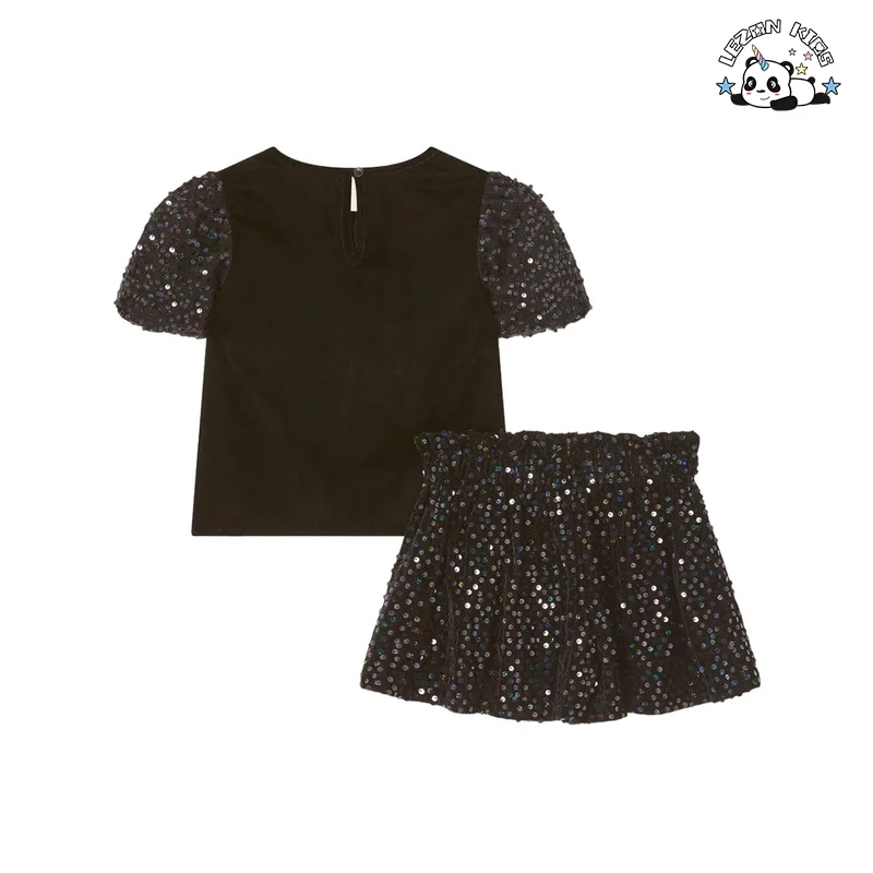 Customizable Summer 2 Piece Outfits Short Sleeve T Shirt Sequin Skirt Sets Cute Girls Clothing Set - Product Image
