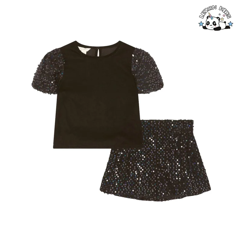 Customizable Summer 2 Piece Outfits Short Sleeve T Shirt Sequin Skirt Sets Cute Girls Clothing Set - Product Image